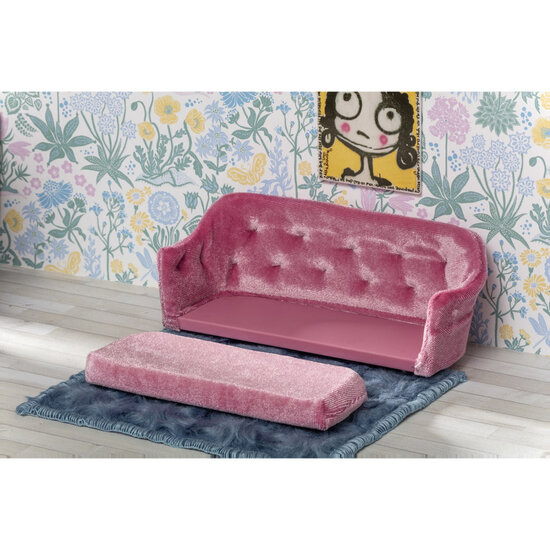 Lundby woonkamer set 1:18 - bank, tafels, kleed en schilderij roze