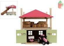 Kids Globe Set Heuschober aus Holz mit Lagerraum 1:32 32 x 35 x 45 Rosa + Volvo V70 mit Wohnwagen