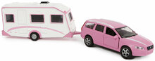 Kids Globe Set Holz-Pferdestall mit 9 Boxen + Volvo mit Wohnwagen (rosa) 1:32