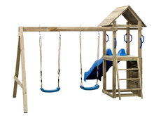 Holzspielplatz Maria mit blaue Rutsche 