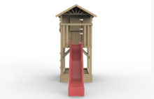 Holzspielhaus Baumhütte mit Sandkasten und roter Rutsche - Prestige Garden