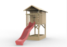 Holzspielhaus Baumhütte mit Sandkasten und roter Rutsche - Prestige Garden