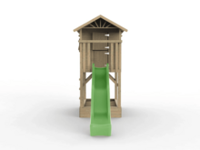Holzspielhaus Baumhütte mit Sandkasten und apfelgrüner Rutsche - Prestige Garden