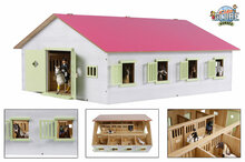 Kids Globe Set Holzpferdestall mit 7 Boxen + Mitsubishi mit Pferdeanhänger ( Rosa) 1:24