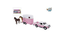 Kids Globe Set Holzpferdestall mit 7 Boxen + Mitsubishi mit Pferdeanhänger ( Rosa) 1:24