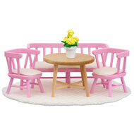 Lundby Smaland eethoek roze 1:18 - tafel, bank, stoelen en accessoires