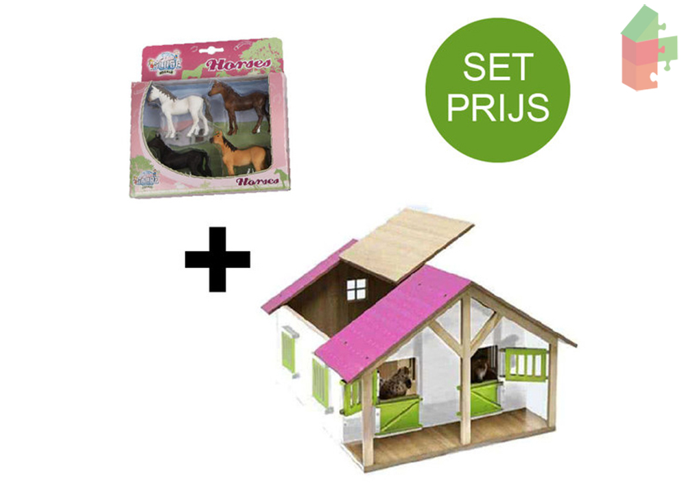 Kids Globe Set Holz-Pferdestall 2 Boxen (Rosa/1:24) + 4 Pferden