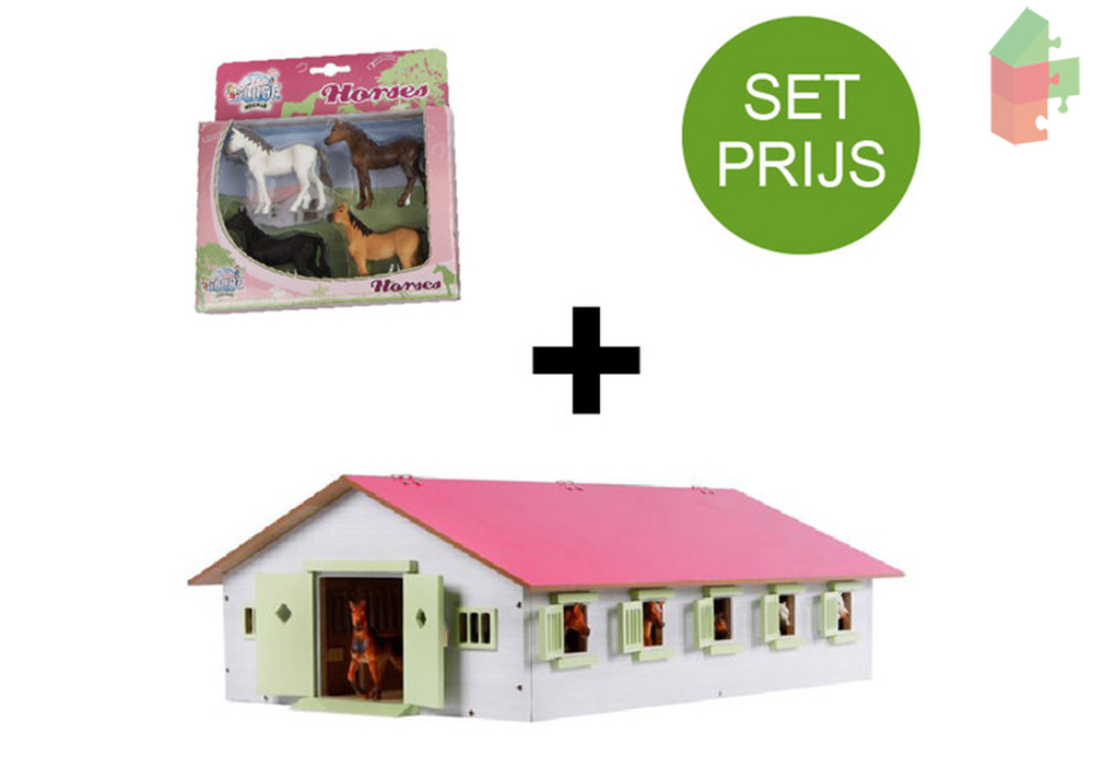 Kids Globe Set Pferdestall mit 9 Pferdeboxen in Rosa  (1:32) + 4 Pferde