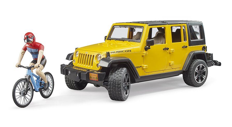 Bruder Jeep Wrangler Rubicon Unlimited mit Mountainbike und Radfahrer