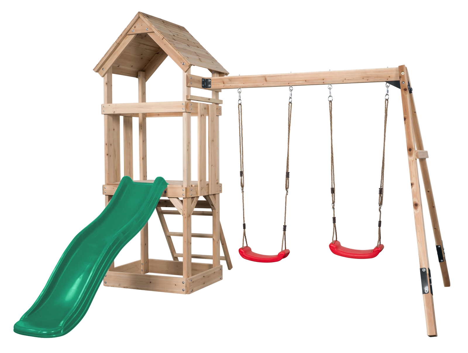 Noa Spielplatz aus Holz mit grüner Rutsche