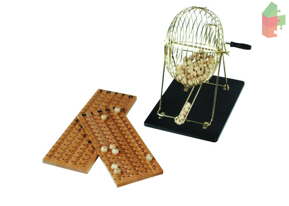 Bingo-Mühle komplett mit Holzsteuerungstafel und 90 Holzkugeln