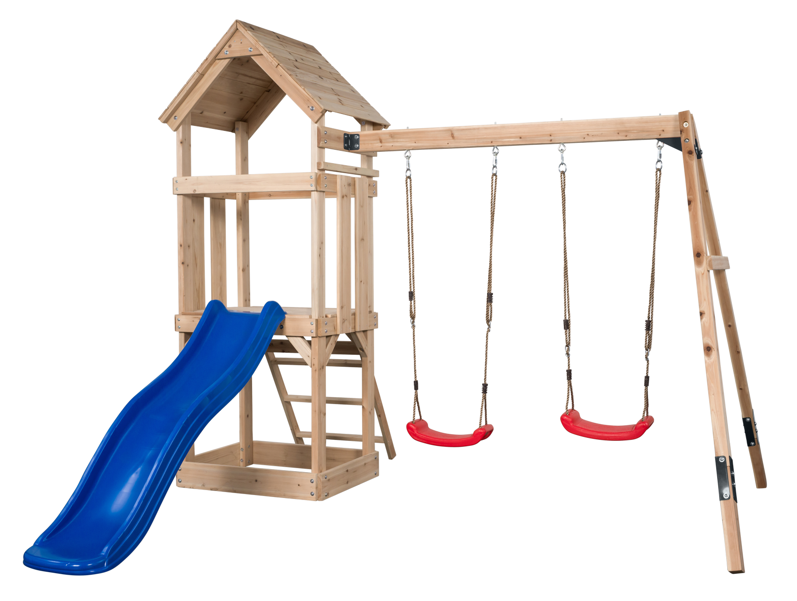 Noa Spielplatz aus Holz mit blauer Rutsche