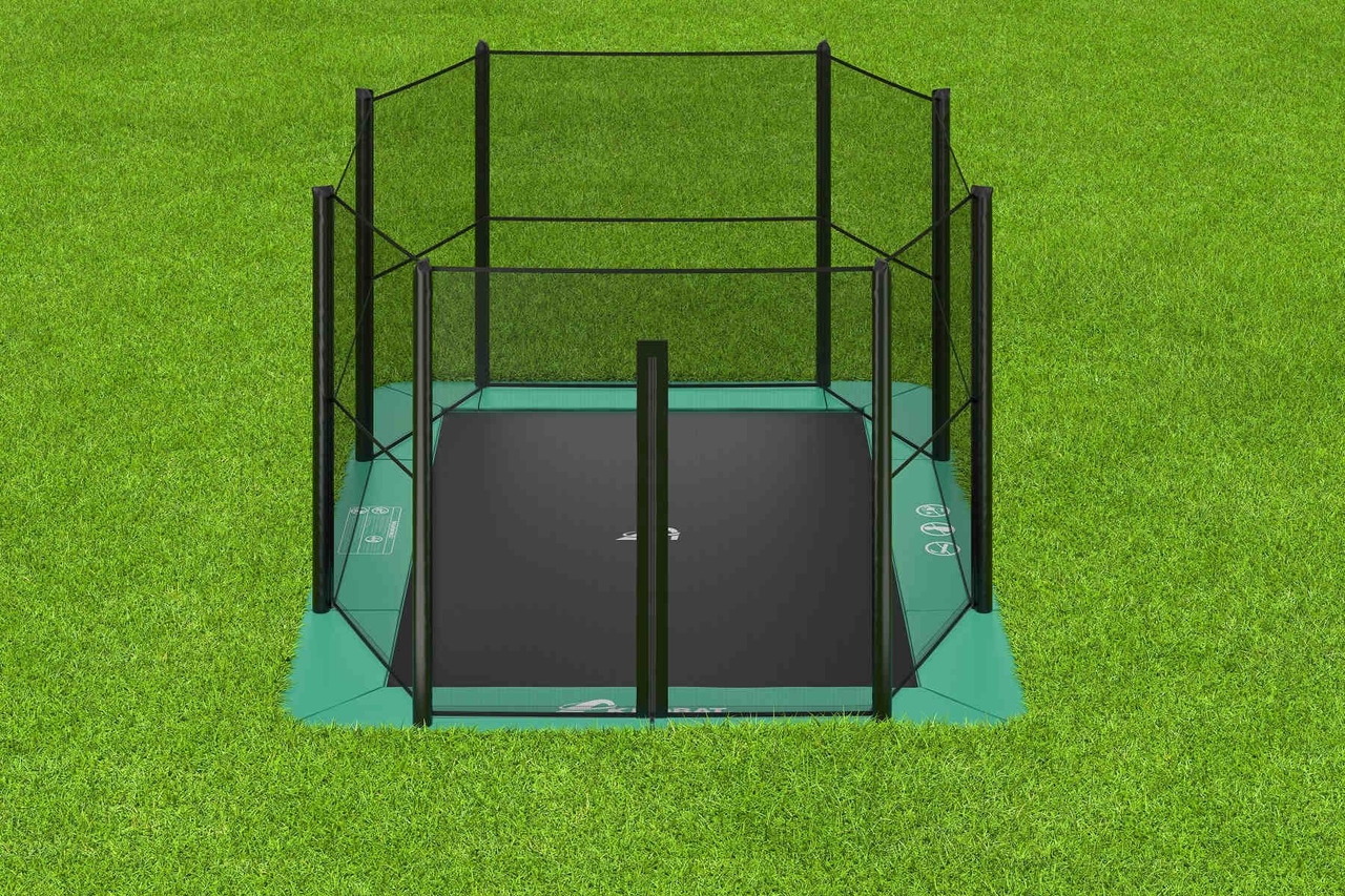 Trampolin Akrobat Orbit Flach zum Boden Trampolin 380x250 Grün, inkl. Sicherheitsnetz