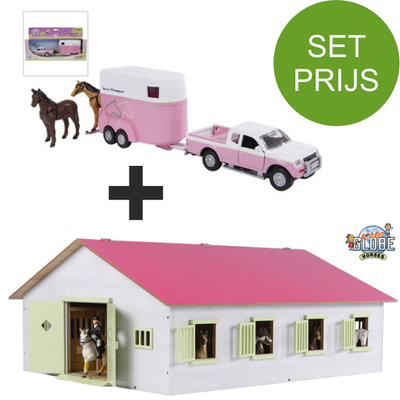 Kids Globe Set Holzpferdestall mit 7 Boxen + Mitsubishi mit Pferdeanhänger ( Rosa) 1:24