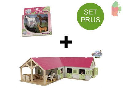Kids Globe Set Pferde-Eckstall mit 3 Boxen und Lagerraum 1:24 68 x 77 x 27 cm Roze + 4 Paarden