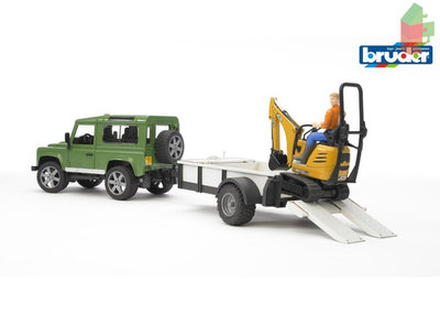 Land Rover Defender Station Wagon mit Einachsanhänger, JCB Mikrobagger 8010 CTS und Bauarbeiter
