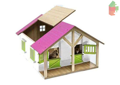 Kids Globe Holzpferdestall mit 2 Boxen und Lagerraum 1:24 rosafarbenes Dach