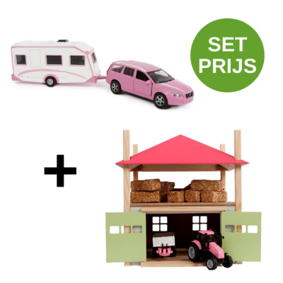 Kids Globe Set Heuschober aus Holz mit Lagerraum 1:32 32 x 35 x 45 Rosa + Volvo V70 mit Wohnwagen