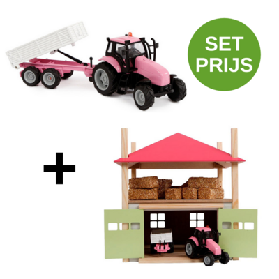 Kids Globe Set Heuschober aus Holz mit Speicher + Traktor mit Anhänger 1:32 Rosa