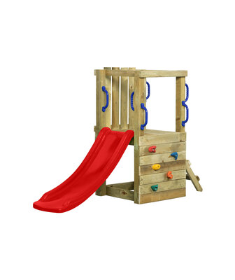 Kleiner Spielplatz aus Holz mit roter Rutsche