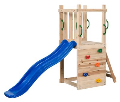 Mari Spielplatz aus Holz mit blauer Rutsche
