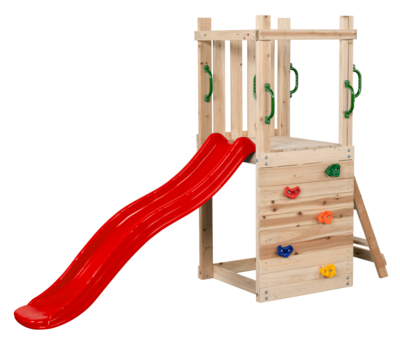 Hölzerner Mari Spielplatz mit roter Rutsche
