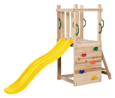 Mari Spielplatz aus Holz mit gelber Rutsche