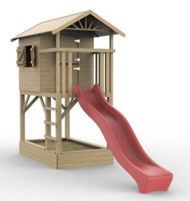 Holzspielhaus Baumhütte mit Sandkasten und roter Rutsche - Prestige Garden