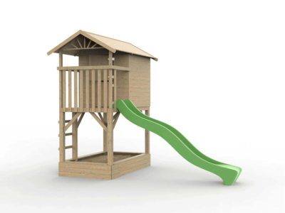 Holzspielhaus Baumhütte mit Sandkasten und apfelgrüner Rutsche - Prestige Garden