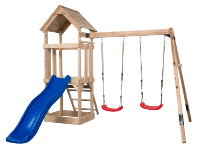Noa Spielplatz aus Holz mit blauer Rutsche