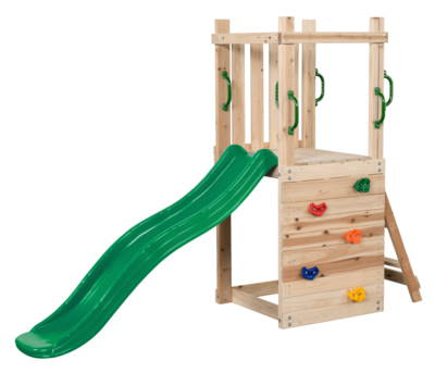 Hölzerner Mari Spielplatz mit grüner Rutsche