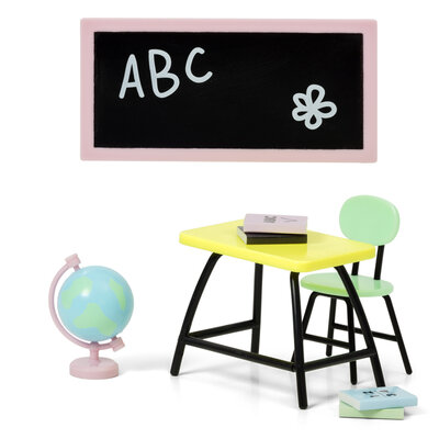 Lundby poppenhuis schoolmeubels set 1:18 - bank, stoel, bord, globe