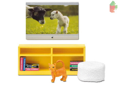 Lundby poppenhuis tv-meubel geel met flatscreen, boeken en kat 1:18
