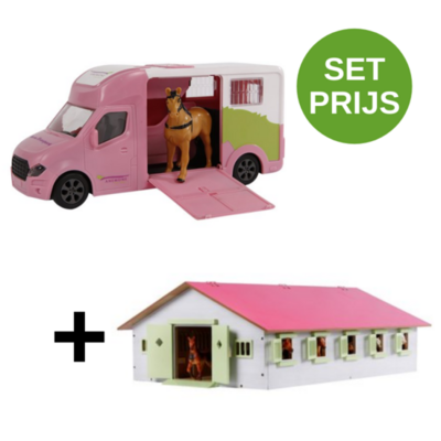 Kids Globe Set Paardenstal Schaal 1:32 + Anemone Paardentruck Roze