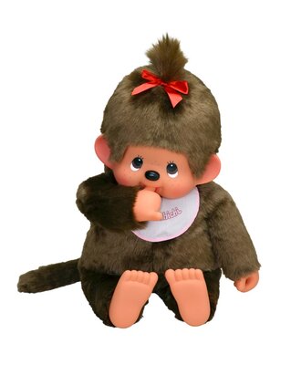 Monchhichi Plüschtier Mädchen 80 cm mit rosa Lätzchen und roter Schleife