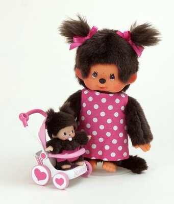 Monchhichi Mutter mit Baby und Kinderwagen 20 cm Plüschfigur