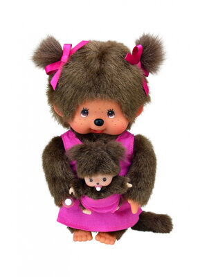 Monchhichi Mama mit Baby 20 cm - Plüschfigur mit pinkfarbenem Kleid
