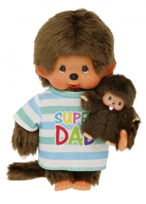 Monchhichi Vater mit Baby 20 cm - Super Dad Plüschfigur braun