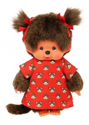 Monchhichi Puppe Mädchen 20 cm rotes Kleid Motivdruck Schleifen